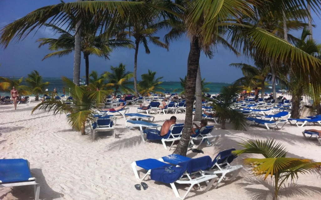 Palm trees and beach chairs at Playa Bibijagua in Bávaro