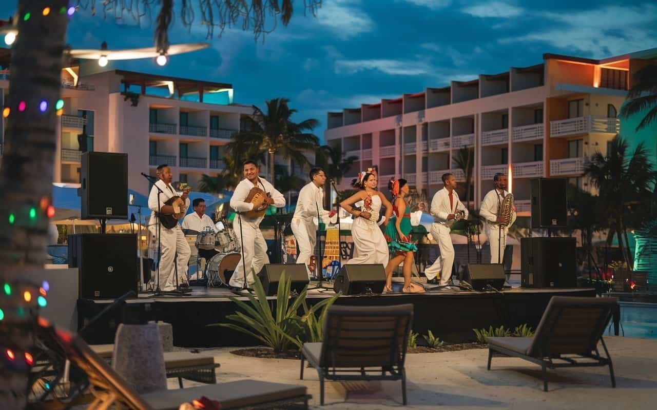 A luxurious adults-only resort in Punta Cana featuring a poolside bar, live music, and evening entertainment under the stars
