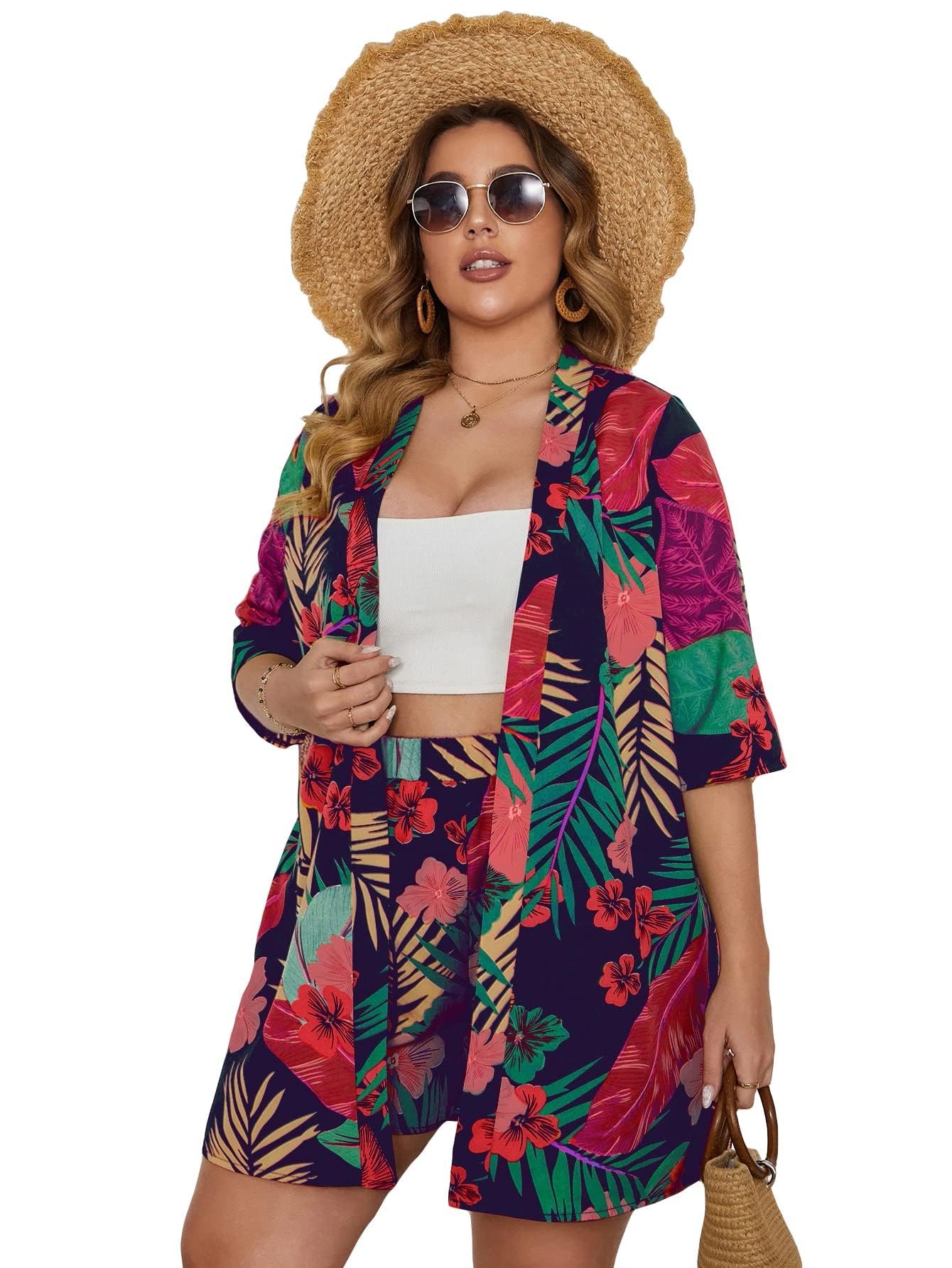 Beach Outfits: Floerns Tropical Kimono Top and Shorts