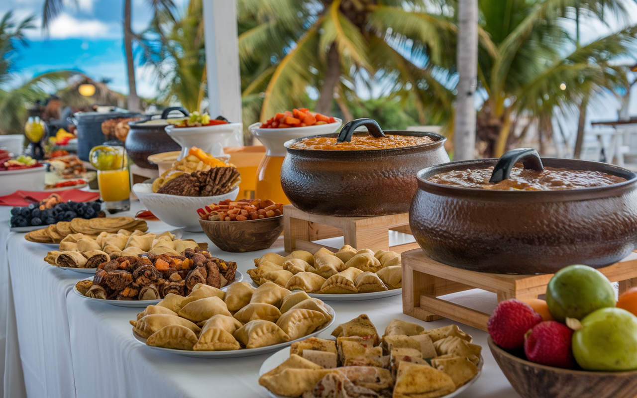 A vibrant buffet spread with colorful fruits, fresh seafood, and tropical cocktails at a beachfront Punta Cana resort
