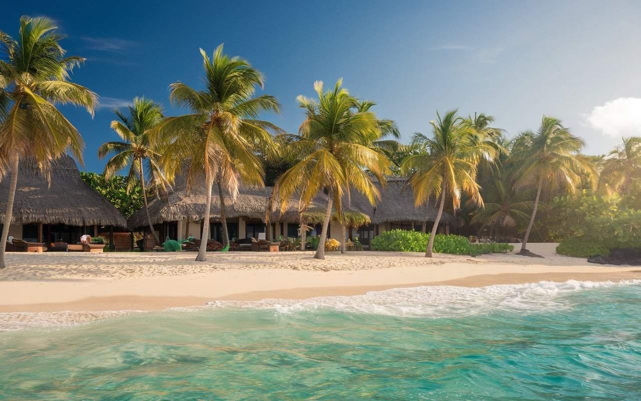 A serene beachfront with palm trees, crystal-clear waters, and luxurious resort buildings nestled along the coastline