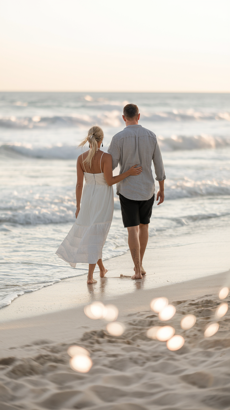 Couple walking on the beach.