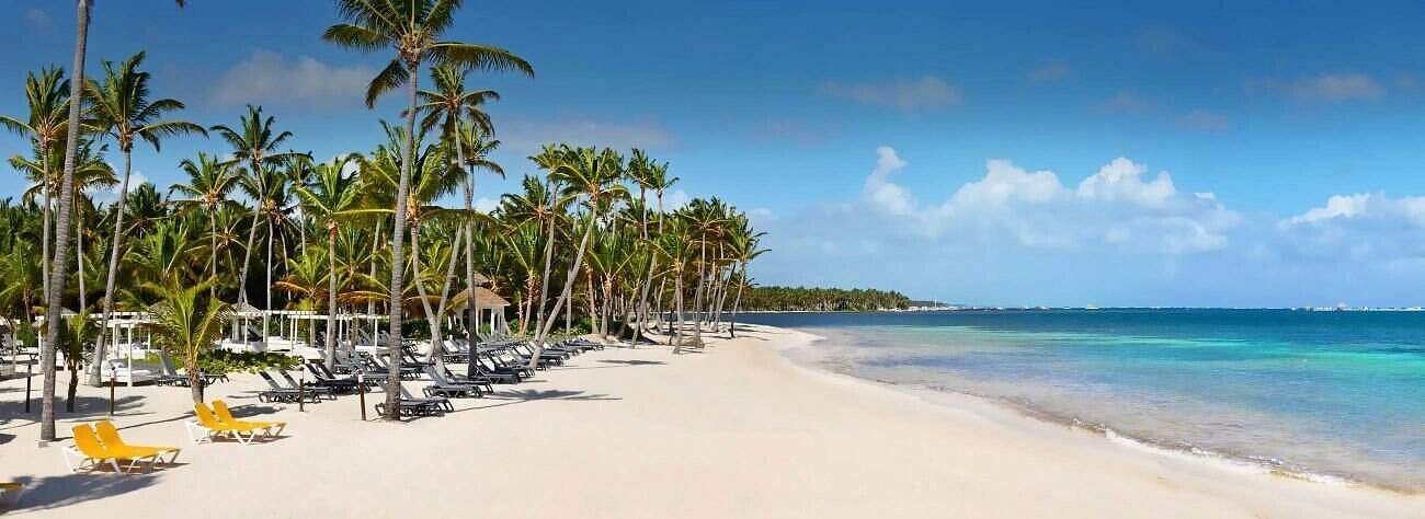 Uvero Alto Beach lined with palm trees and beach loungers.