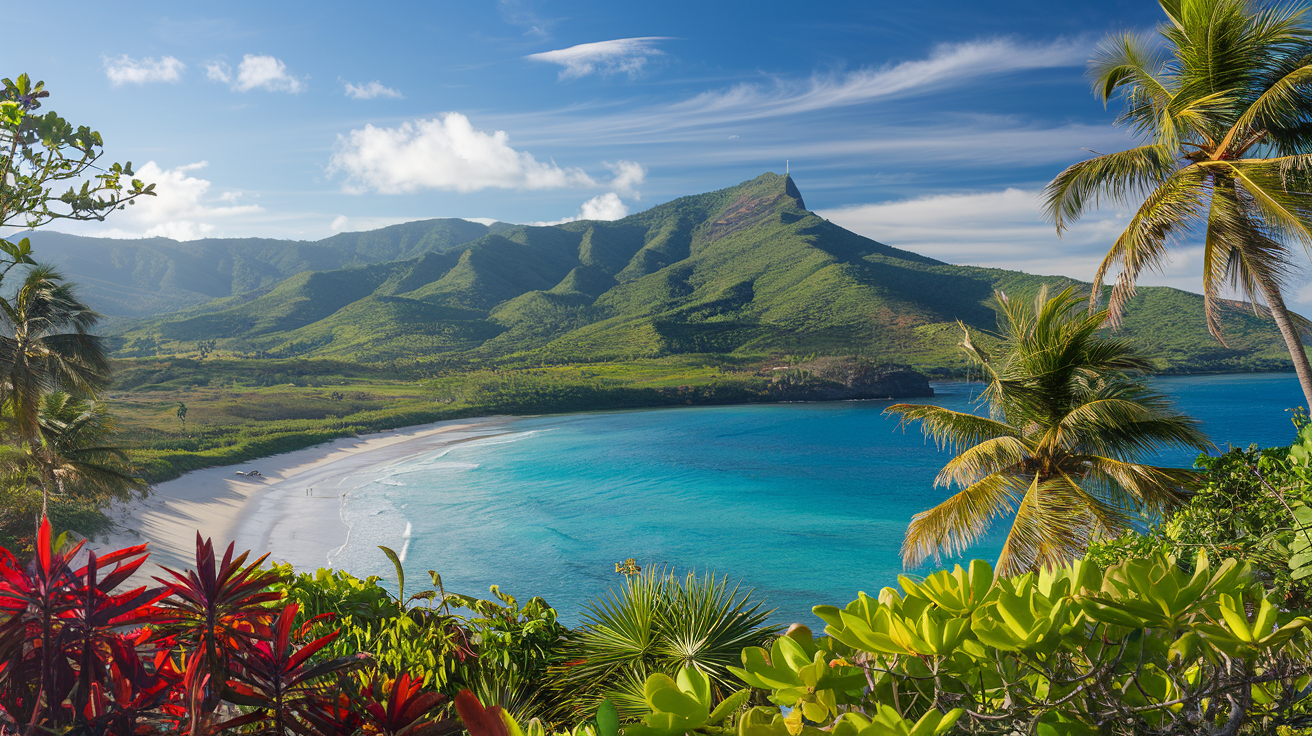 A panoramic view of the Dominican Republic's diverse landscape featuring a serene beach with white sand and turquoise waters in the foreground, lush green mountains of the Cordillera Central in the background, vibrant tropical plants, swaying palm trees, and a clear blue sky with soft white clouds.