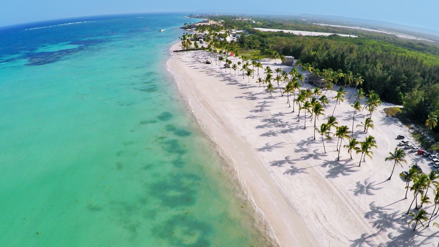 Aerial view of Juanillo Beach's white sand and turquoise water lined with palm trees in Cap Cana, Punta Cana